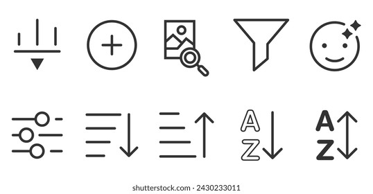 Filter icon vector set. Filter control isolated linear icons. Web icon set, add, A to z. Vector illustration concept.