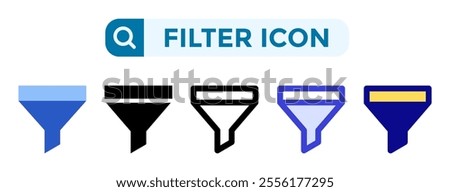 Filter icons in 5 different vector illustration styles. Settings icons in flat, solid, line, blue and color styles. Vector illustrations can be used for web, mobile, ui