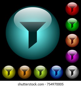 Filter icons in color illuminated spherical glass buttons on black background. Can be used to black or dark templates