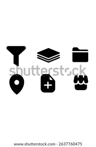filter, layers, folder, pin, new document, store icon. Essential symbols
