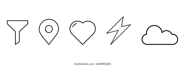 Filter location heart power cloud icon set vector illustration in minimal outline style for UI symbol weather love energy design.