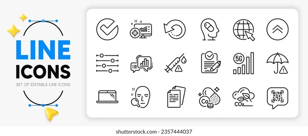 Filter-, Medical Analytics- und Co2-Gasliniensymbole für App sind Rfp, Recovery-Daten, Internet-Umrisssymbol. Dokumente, Überprüfen, Piktogramm für die Suche nach Gefechtszeichen. 5g WLAN, Laptop, Qr-Code. Vektorgrafik