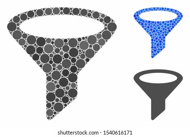 Filter mosaic of circle elements in variable sizes and color tones, based on filter icon. Vector dots are combined into blue mosaic. Dotted filter icon in usual and blue versions.