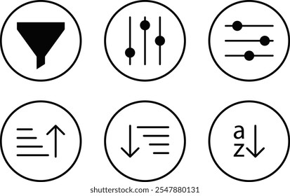 Conjunto de iconos de la industria de objetos de Filtrar. aplicación de teléfono inteligente. Signo de embudo. Botón de icono de Filtrar
