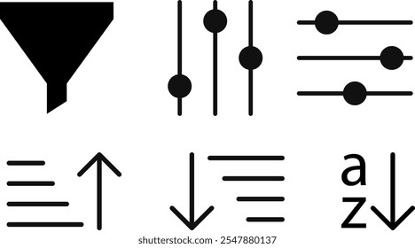 Conjunto de iconos de la industria de objetos de Filtrar. aplicación de teléfono inteligente. Signo de embudo. Botón de icono de Filtrar
