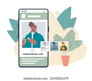 Filter on photo. Woman applying filter to photo on social networks. Popular blogger and influencer. Marketing and advertising on internet. Flat vector illustration isolated on white background