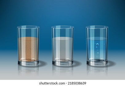 Filter realistic concept with glasses containing different water filtration stages vector illustration