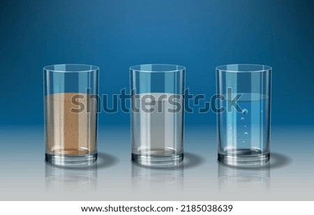 Filter realistic concept with glasses containing different water filtration stages vector illustration