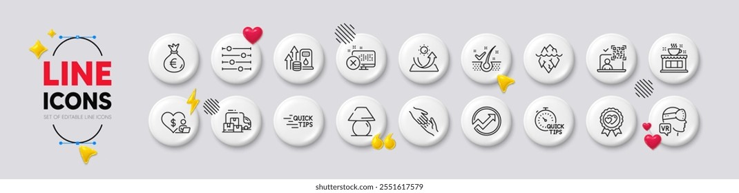 Filter, Reject access and Money bag line icons. White buttons 3d icons. Pack of Augmented reality, Sun protection, Qr code icon. Table lamp, Fuel price, Helping hand pictogram. Delivery truck. Vector