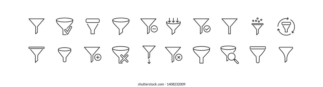 Filter related vector icons. Set of 20 vector thin line signs. Exclusive simple pictograms for web and mobile. Vector illustration isolated on a white background. Outline icons. 