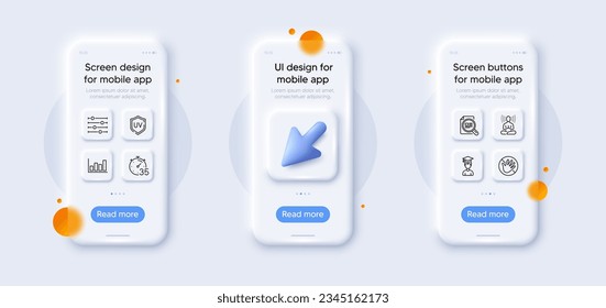 Filter, Report diagram and Timer line icons pack. 3d phone mockups with cursor. Glass smartphone screen. Yoga, Do not touch, Uv protection web icon. Check article, Student pictogram. Vector