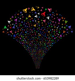 Filter salute stream. Vector illustration style is flat bright multicolored iconic symbols on a black background. Object explosion fountain organized from random icons.