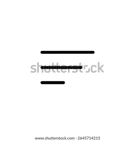 A filter or scaled menu symbol with three left-aligned horizontal lines of decreasing length, 1.5px monoline strokes. Flat 2D vector.