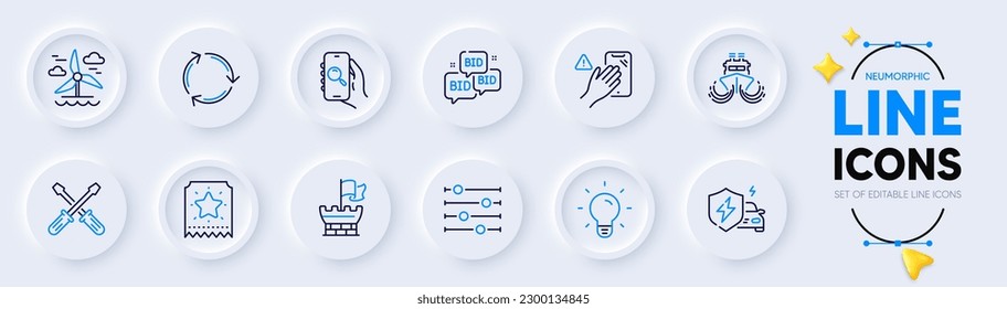 Filter, Screwdriverl and Car charging line icons for web app. Pack of Loyalty ticket, Bid offer, Dont touch pictogram icons. Light bulb, Shield, Ship signs. Recycling, Windmill, Search app. Vector