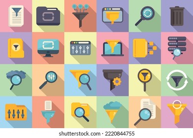 Filter search icons set flat vector. Filter interface. Digital education