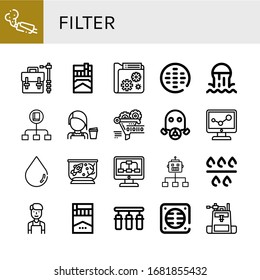 filter simple icons set. Contains such icons as Muffler, Camera bag, Cigarette, Data, Sewer, Flow, Barista, Funnel, Gas mask, Blur, Fish tank, can be used for web, mobile and logo