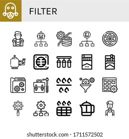 filtern Sie einfache Symbole. Enthält solche Symbole wie Gasmaske, Barista, Flow, Datenverarbeitung, Entwässerung, Filter, Abtropfen, Wasserfilter, Zigarette, kann für Web, Handy und Logo verwendet werden