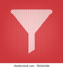 Filter simple sign. Vector. Knitted white icon on a red knitted background.
