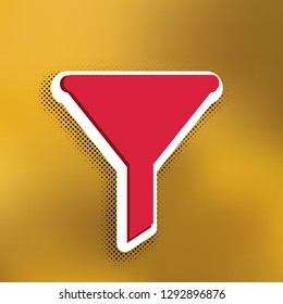 Filter simple sign. Vector. Magenta icon with darker shadow, white sticker and black popart shadow on golden background.