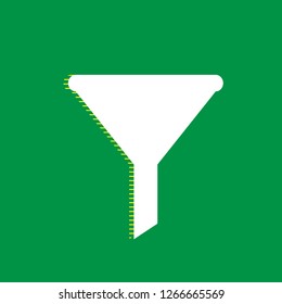 Filter simple sign. Vector. White flat icon with yellow striped shadow at green background.