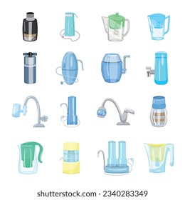 Filter water icons set cartoon vector. System filter. Water purifier