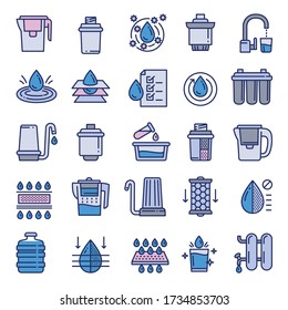 Fijar iconos de agua de filtro. Conjunto de esquemas de iconos del vector de agua de filtro para el diseño web aislado en fondo blanco