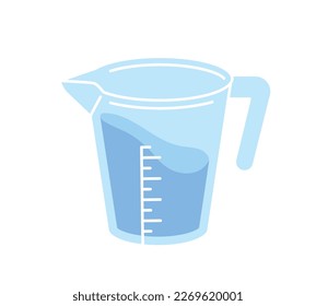 Filter with water. Jug for cleansing liquids from harmful substances. Measuring ingredients for cooking and kitchen utensils. Poster or banner. Cartoon flat vector illustration