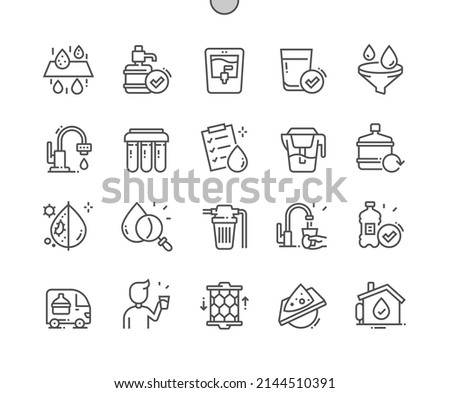 Filter water. Moister. Reuse bottle. Water Tap. Filtration. Pixel Perfect Vector Thin Line Icons. Simple Minimal Pictogram