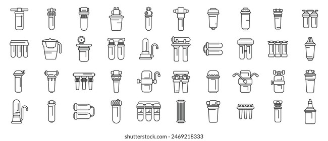 Filter for water purification icons set vector. A collection of water filters and purifiers. Some of the filters are for drinking water, while others are for cooking water