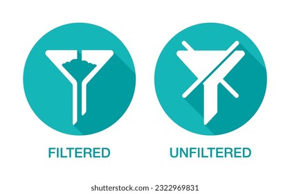 Filtered or Unfiltered icons for product characteristics and composition. Flat isolated vector pictograms