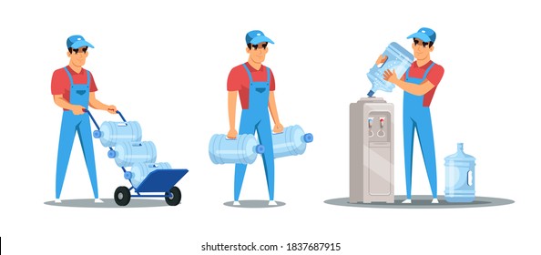 Juego de caracteres vectoriales planos de mensajería de agua filtrada. Hombre sujetando botellas con líquido purificado limpio y aislado de cliparts pack. Dibujo de caricaturas del servicio de entrega de agua potable. Contenedor con líquido potable