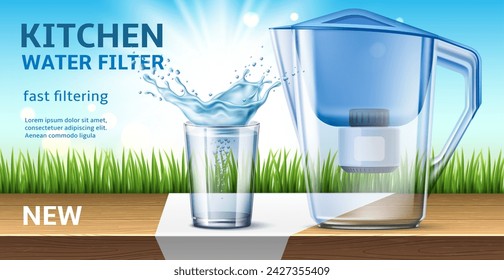 Filtered water. Realistic filter, glass with liquid splashes, natural pure aqua filtration and clearing, kitchen wooden table. Promotional product, advertising banner. Vector concept