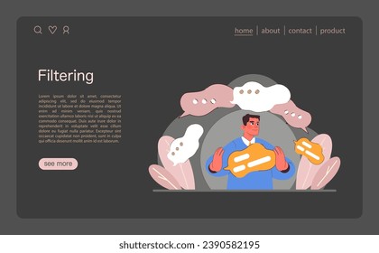 Filtering concept. Confident man skillfully sorting through a flow of information bubbles. Organized thought process in the digital age. Navigating data with ease. Flat vector illustration