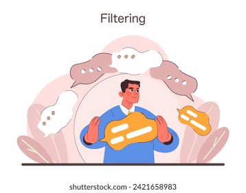 Filtering concept. Confident man skillfully sorting through a flow of information bubbles. Organized thought process in the digital age. Navigating data with ease. Flat vector illustration