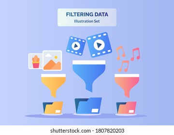 Filtering data illustration set picture video music on funnel to save file folder with flat color style.