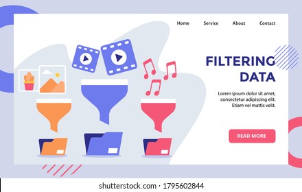 Filtrado de imágenes de datos filtrado de música de vídeo con embudo a carpeta de archivos campaña para web sitio web página de inicio página de inicio página de inicio banner con estilo plano moderno