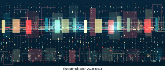 Filtering machine algorithms. Big data visualization. Information analytics concept. Sorting data. Vector technology background. Abstract stream information with squares, dots array and binary code.