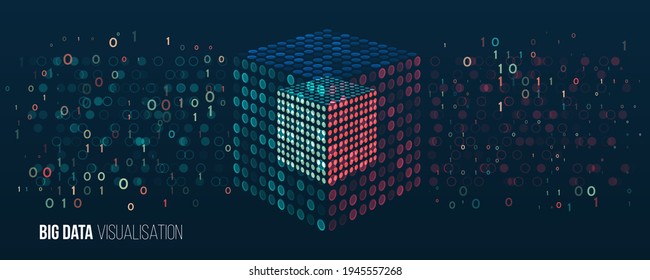 Filtering Machine Algorithms. Cube Big Data Visualization. Information Analytics Concept. Sorting Data. Vector Technology Background. Abstract Stream Information With Squares Array And Binary Code.