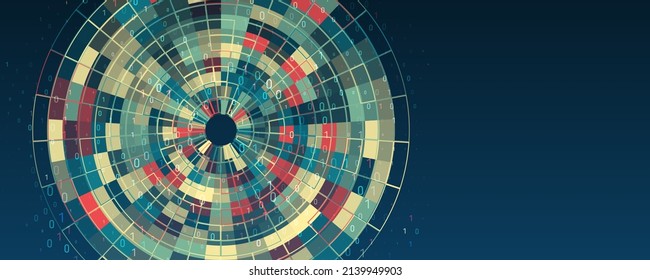 Filtering machine algorithms. Data stream in the form of an array of circles and binary code. Vector database background. Modern Big data visualization. Processing of data arrays, sorting.