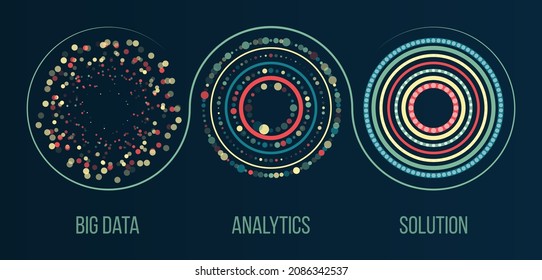 Filtering machine algorithms. Modern Big data visualization. Information analytics concept. Sorting data. Vector technology background. Abstract stream information with circles array and binary code.
