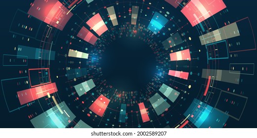 Filtering machine algorithms. Sorting data. Vector technology background. Wide Big data visualization. Information analytics concept. Abstract stream information with circles array and binary code.