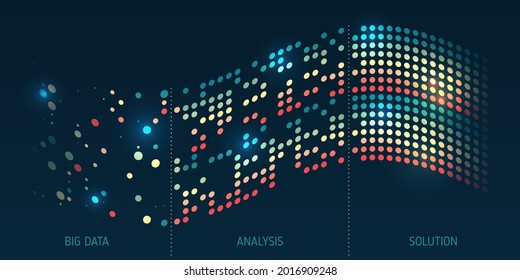 Filtering machine algorithms. Wide Big data visualization. Information analytics concept. Sorting data. Vector technology background. Abstract stream information with circles array and binary code.