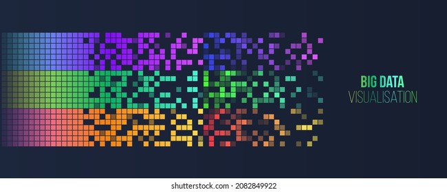 Filtering machine algorithms. Wide Big data visualization. Information analytics concept. Sorting data. Modern technology background. Abstract stream information with squares array and binary code.