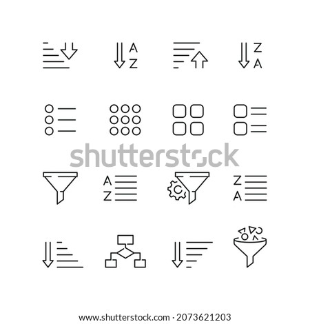 Filtering and sorting related icons: thin vector icon set, black and white kit