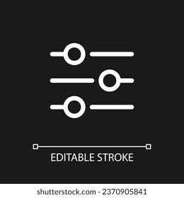 Filters button pixel perfect white linear ui icon for dark theme. Choice options menu. Vector line pictogram. Isolated user interface symbol for night mode. Editable stroke. Poppins font used