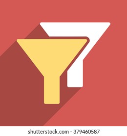 Filters long shadow vector icon. Style is a flat light symbol with rounded angles on a red square background.