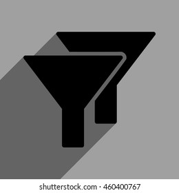 Filters long shadow vector icon. Style is a flat filters black iconic symbol on a gray square background with longshadow.