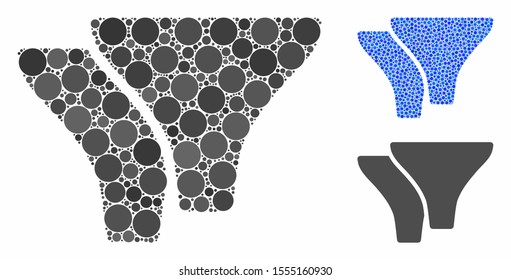 Filters mosaic of small circles in different sizes and color tints, based on filters icon. Vector small circles are composed into blue mosaic. Dotted filters icon in usual and blue versions.