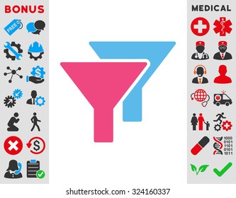 Filters vector icon. Style is bicolor flat symbol, pink and blue colors, rounded angles, white background.