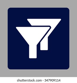Filters vector icon. Style is flat rounded square button, white and dark blue colors, silver background.